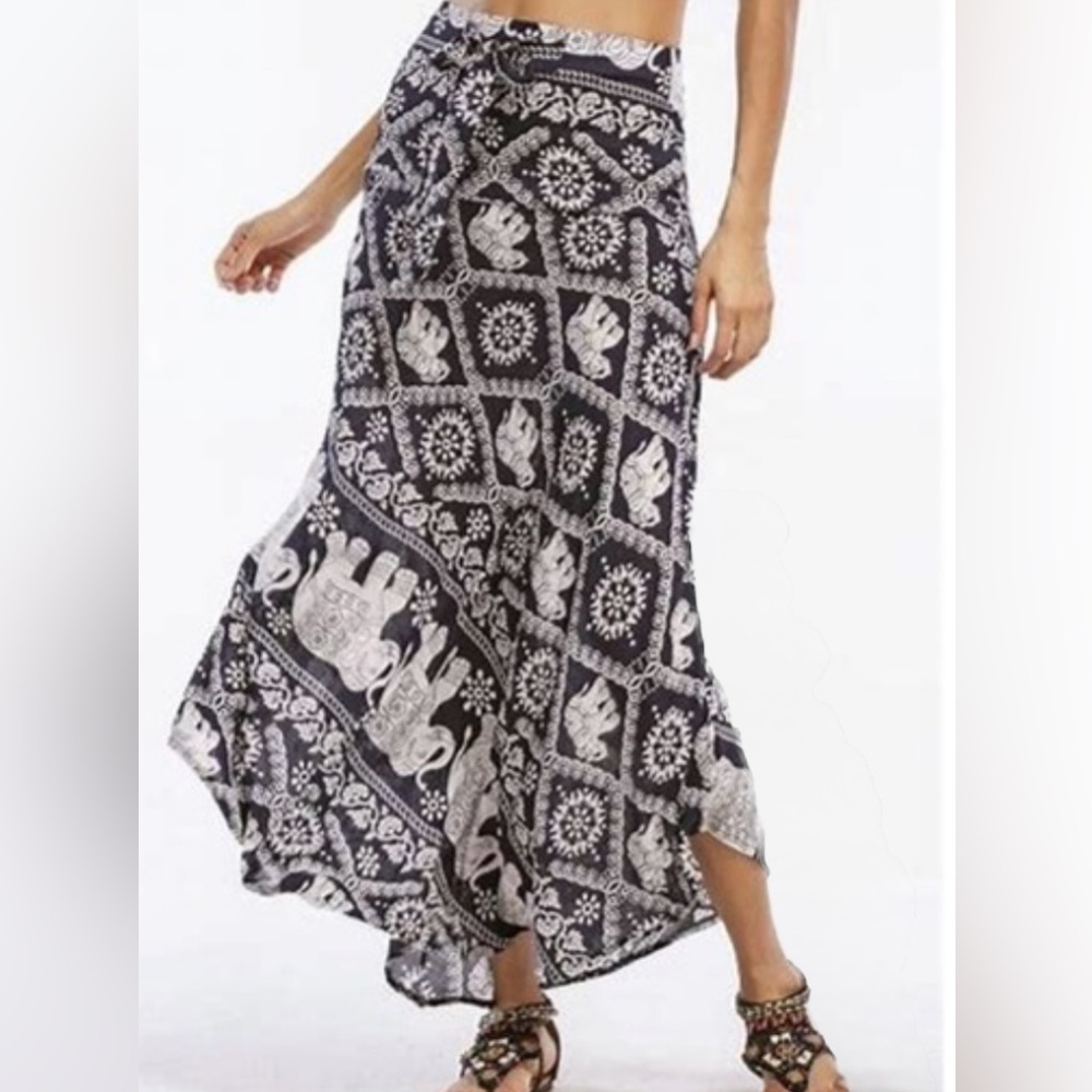 Elephant Print Navy and White Maxi Skirt